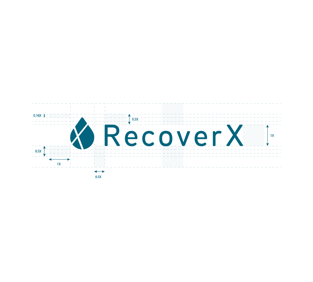 RecoverX Logo with arrows indicating spacing dimensions for brand usage.