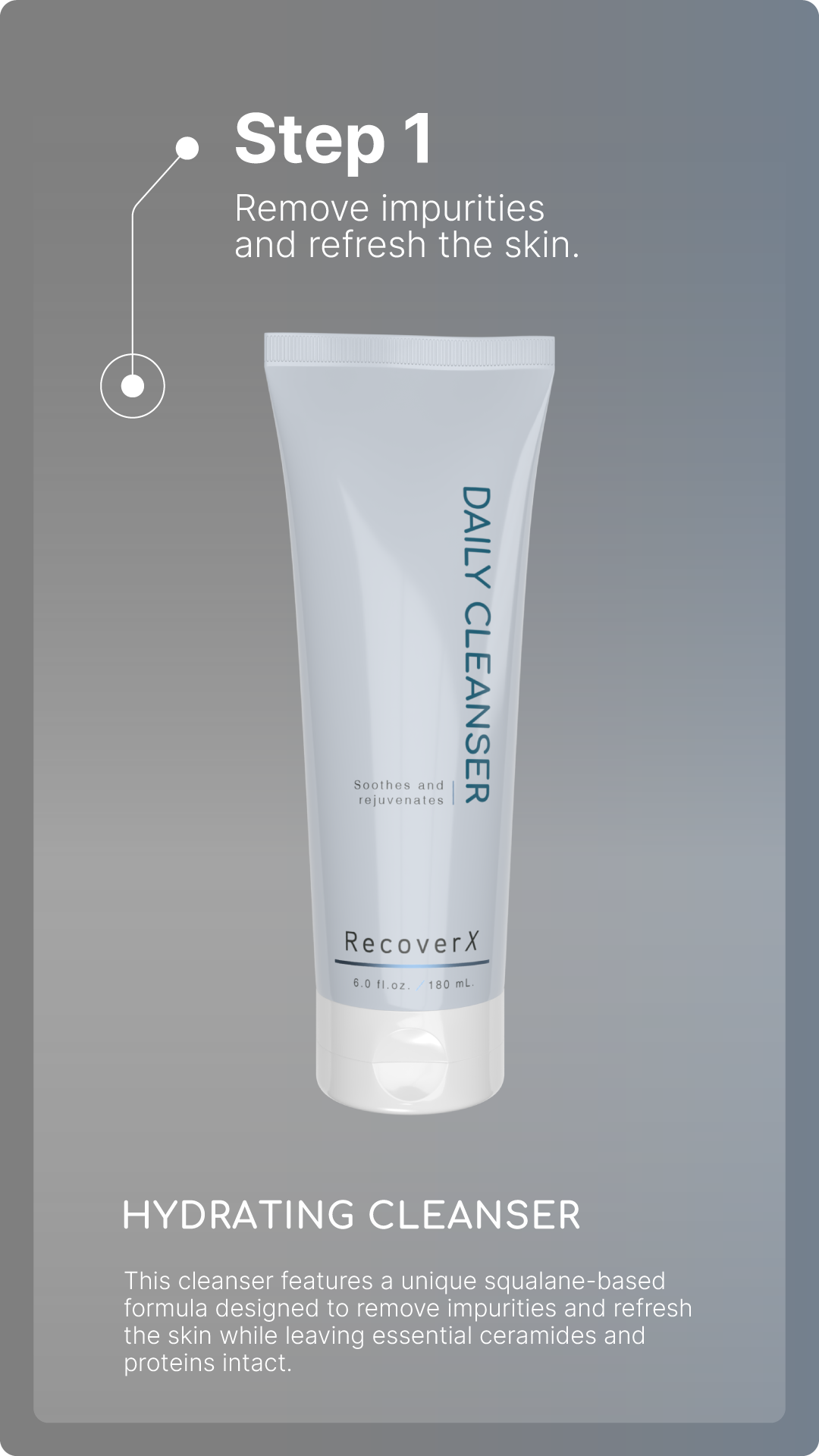 A Bottle Of Daily Cleanser with text about cleansing being Step 1 in a skincare routine.