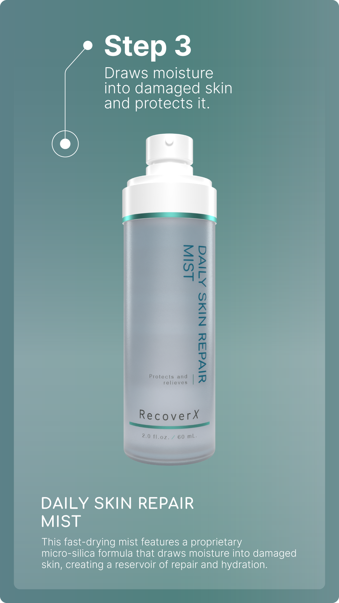 A bottle of Daily Skin Repair Mist with text about step 3 in a skin care routine being moisturization and protection.